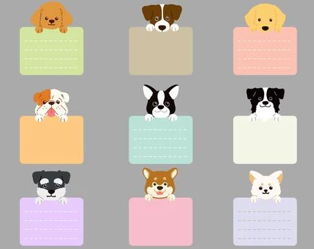 Set of flat colored various cute dog faces with paws holding a note Stock Illustration