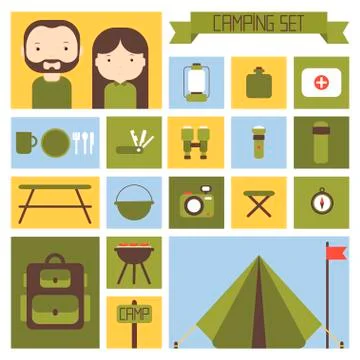 Set of flat colorful vector camping equipment symbols and icons. Stock Illustration