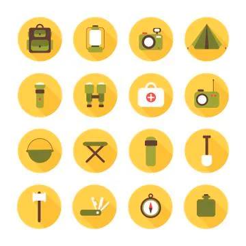 Set of flat colorful vector camping equipment symbols and icons. Stock Illustration