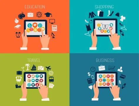 Set of flat design backgrounds for education, business, travel and shopping.  Stock Illustration