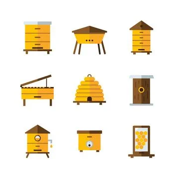 Set Of Flat Design Beehive And Honey Production Icons Illustration