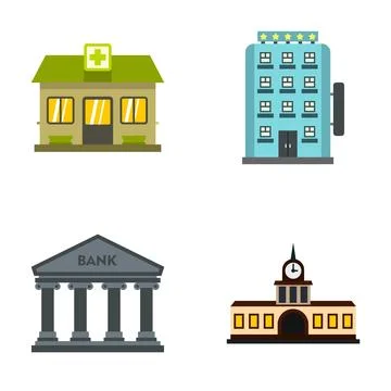Set of flat design city building icons on white background Ilustración de archivo