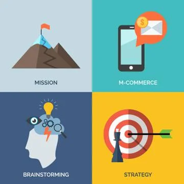 Set of flat design concept icons for business. Mission, M-commerce, Brainstor Stock Illustration