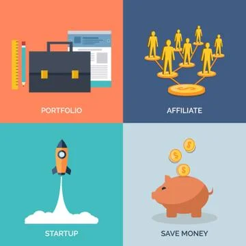 Set of flat design concept icons for business. Portfolio, Affiliate, Startup  Stock-Illustration