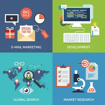 Set of flat design concept icons for business. E-mail marketing, Development, Stock Illustration