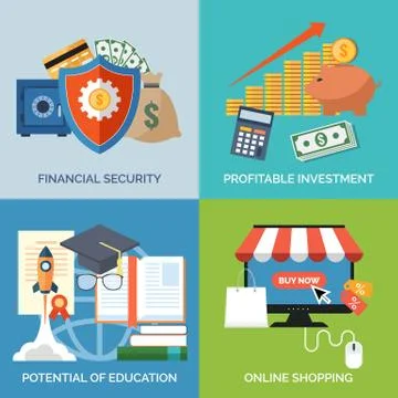 Set of flat design concept icons for business. Financial security, Profitable Stock Illustration