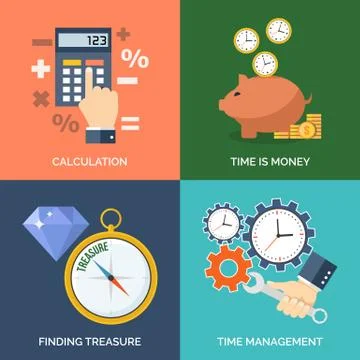 Set of flat design concept icons for business. Calculation, Time is money, Fi Stock Illustration