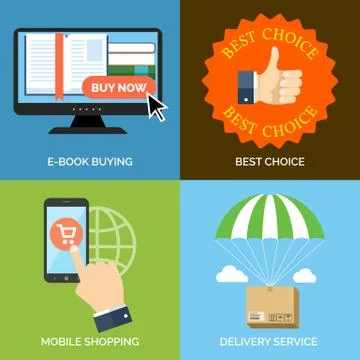Set of flat design concept icons for business. E-book buying, Best choice, Mo Illustrazione stock