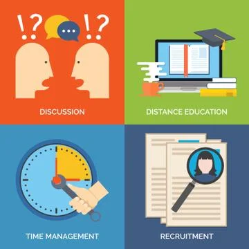 Set of flat design concept icons for business. Discussion, Distance education Stock Illustration