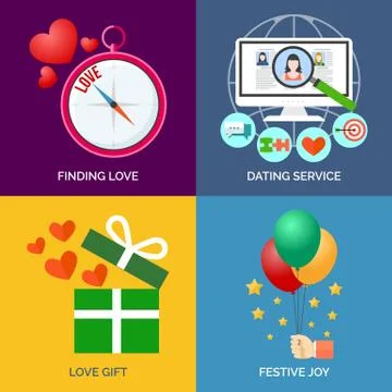 Set of flat design concept icons. Finding love, Dating service, Love gift and Stock Illustration