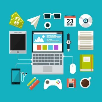 Set of flat design concept icons for workspace Stock Illustration