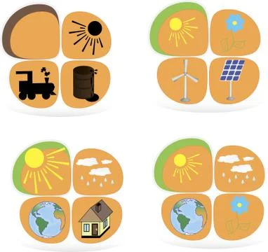 Set of flat design concepts - green energy. solar panels, windmill, battery, Stock Illustration