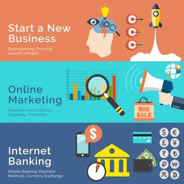 Set of flat design concepts. Start a New Business, Online Marketing and  Inte Stock Illustration