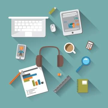 Set the flat design of devices and items for business Stock Illustration