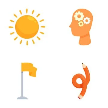 Set of flat design icons, sun, brain, flag, pencil 스톡 일러스트