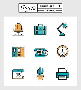 Set of flat design line icons of office elements 库存插图