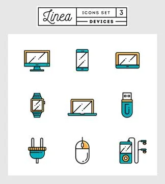 Set of flat design line icons of devices Illustrazione stock