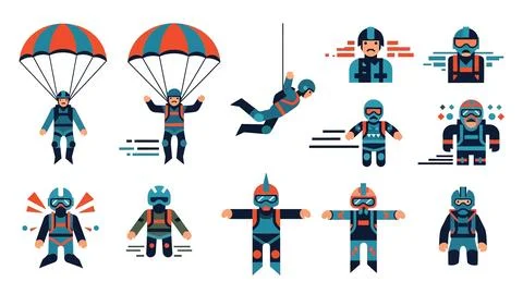 Set of flat design skydiver characters in various poses and actions showcas.. Stock Illustration