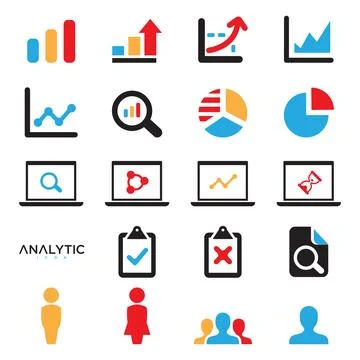 Set flat design of statistics and analytics icons with charts and diagrams Stock Illustration