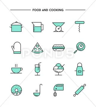 Set of flat design, thin line food and cooking icons Stock Illustration