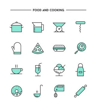 Set of flat design, thin line food and cooking icons Illustrazione stock