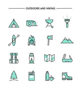 Set of flat design, thin line hiking and outdoors icons Illustrazione stock