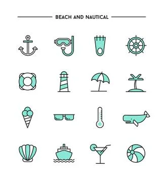 Set of flat design, thin line beach and nautical icons Illustrazione stock