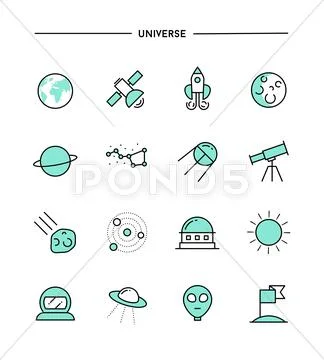 Set of flat design, thin line universe icons Stock Illustration
