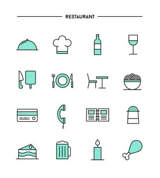 Set of flat design, thin line restaurant icons Illustrazione stock