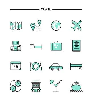 Set of flat design, thin line travel icons Illustrazione stock