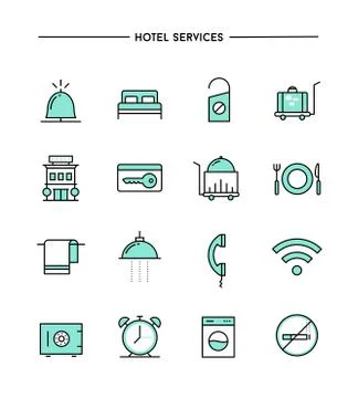 Set of flat design, thin line hotel services icons Illustrazione stock