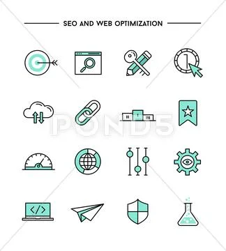 Set of flat design, thin line seo and web optimization icons Stock Illustration