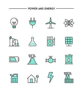 Set of flat design, thin line power and energy icons Illustrazione stock