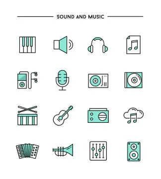 Set of flat design, thin line sound and music icons Illustrazione stock