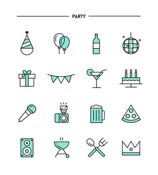 Set of flat design, thin line party icons Stock Illustration