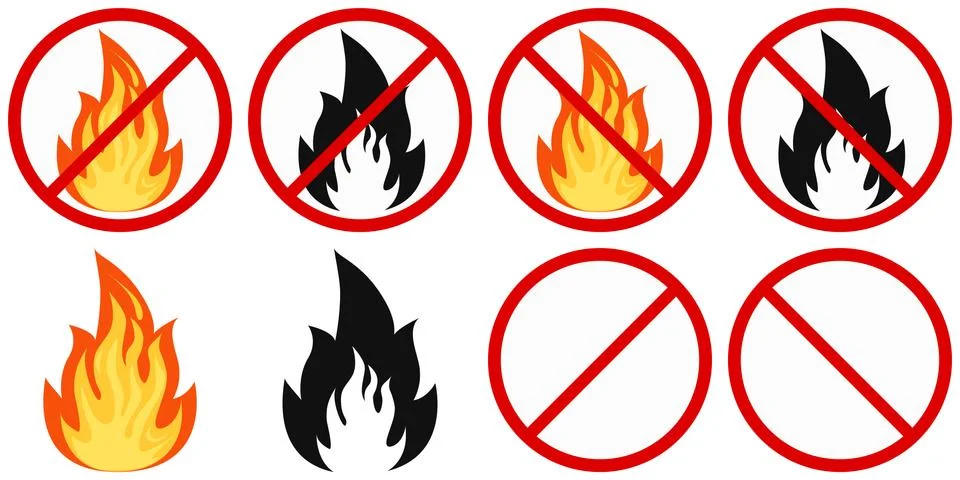 Set of flat design vector fire and no fire sign - colored and black fire cros Stock Illustration