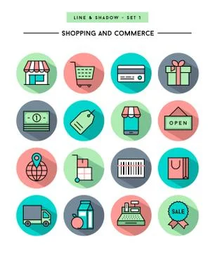 Set of flat design,long shadow, thin line shopping and commerce icons Stock Illustration