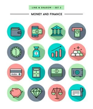 Set of flat design,long shadow, thin line money and finance icons Stock Illustration
