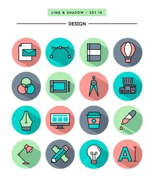 Set of flat design,long shadow, thin line designer's tools icons Stock Illustration