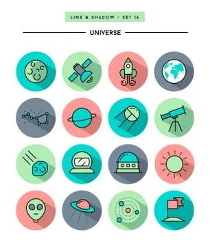 Set of flat design,long shadow, thin line universe icons Stock Illustration