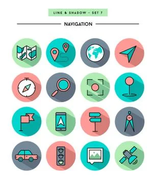 Set of flat design,long shadow, thin line navigation icons Stock Illustration