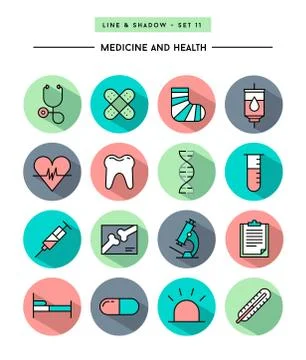 Set of flat design,long shadow, thin line medicine and health icons Stock Illustration