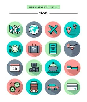 Set of flat design,long shadow, thin line travel icons Stock Illustration