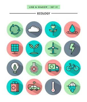 Set of flat design,long shadow, thin line ecology icons Stock Illustration