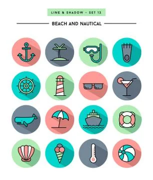 Set of flat design,long shadow, thin line beach and nautical icons Stock Illustration