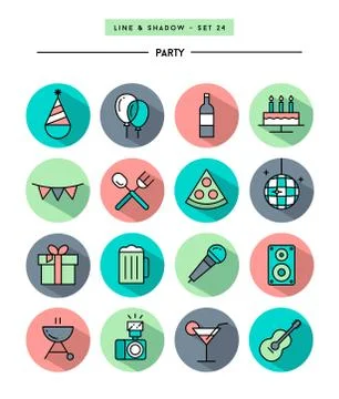Set of flat design,long shadow, thin line party icons Illustrazione stock