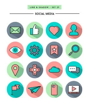 Set of flat design,long shadow, thin line social media icons Stock Illustration