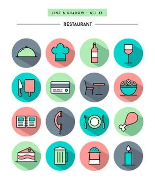Set of flat design,long shadow, thin line restaurant icons Stock Illustration