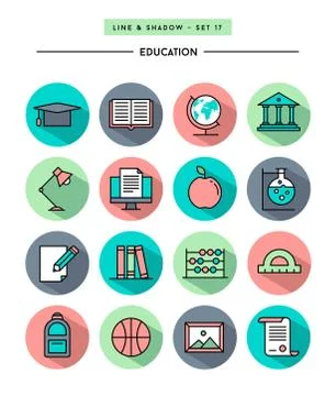 Set of flat design,long shadow, thin line education icons Stock Illustration