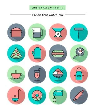 Set of flat design,long shadow, thin line food and cooking icons Stock Illustration